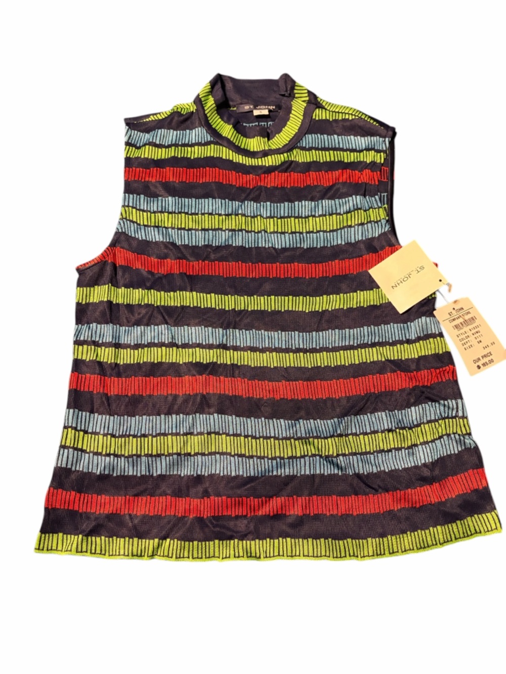 St. John Black Knit Top with Red, Lime and Aqua Stripes